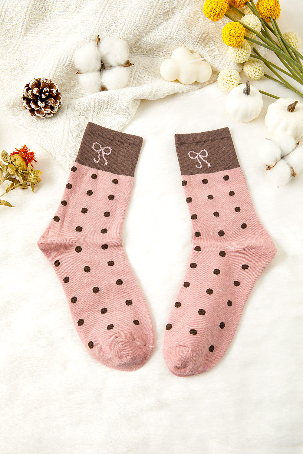 Blossom 1 Pairs Polka Dot Print Contrast Bow Block Socks