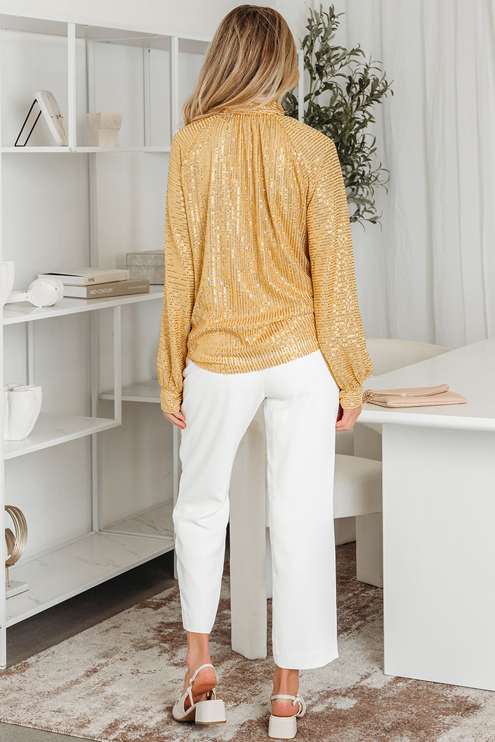 Gold Metallic Balloon Sleeve Buttoned High Neck Loose Blouse