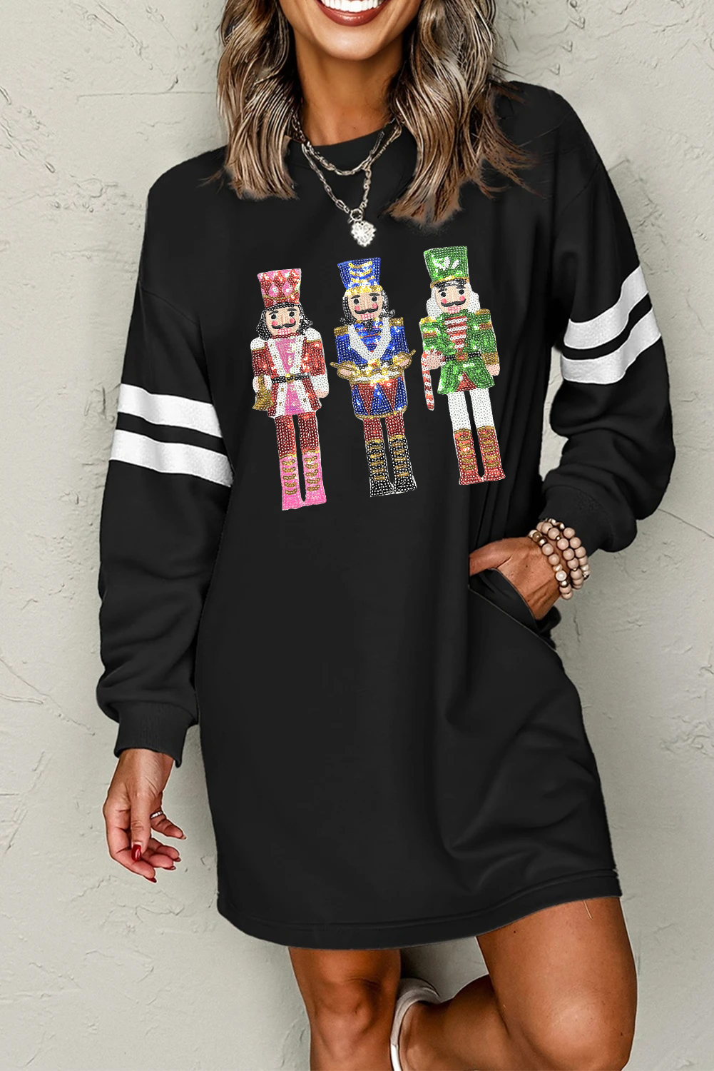 Black Christmas Sequin Nutcracker-man Graphic Varsity Striped Sleeve Sweatshirt Dress