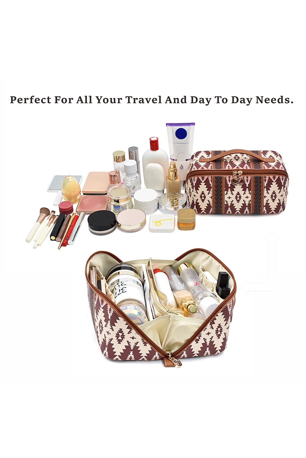 Light French Beige Geometric Braided Print Makeup Bag with Handle