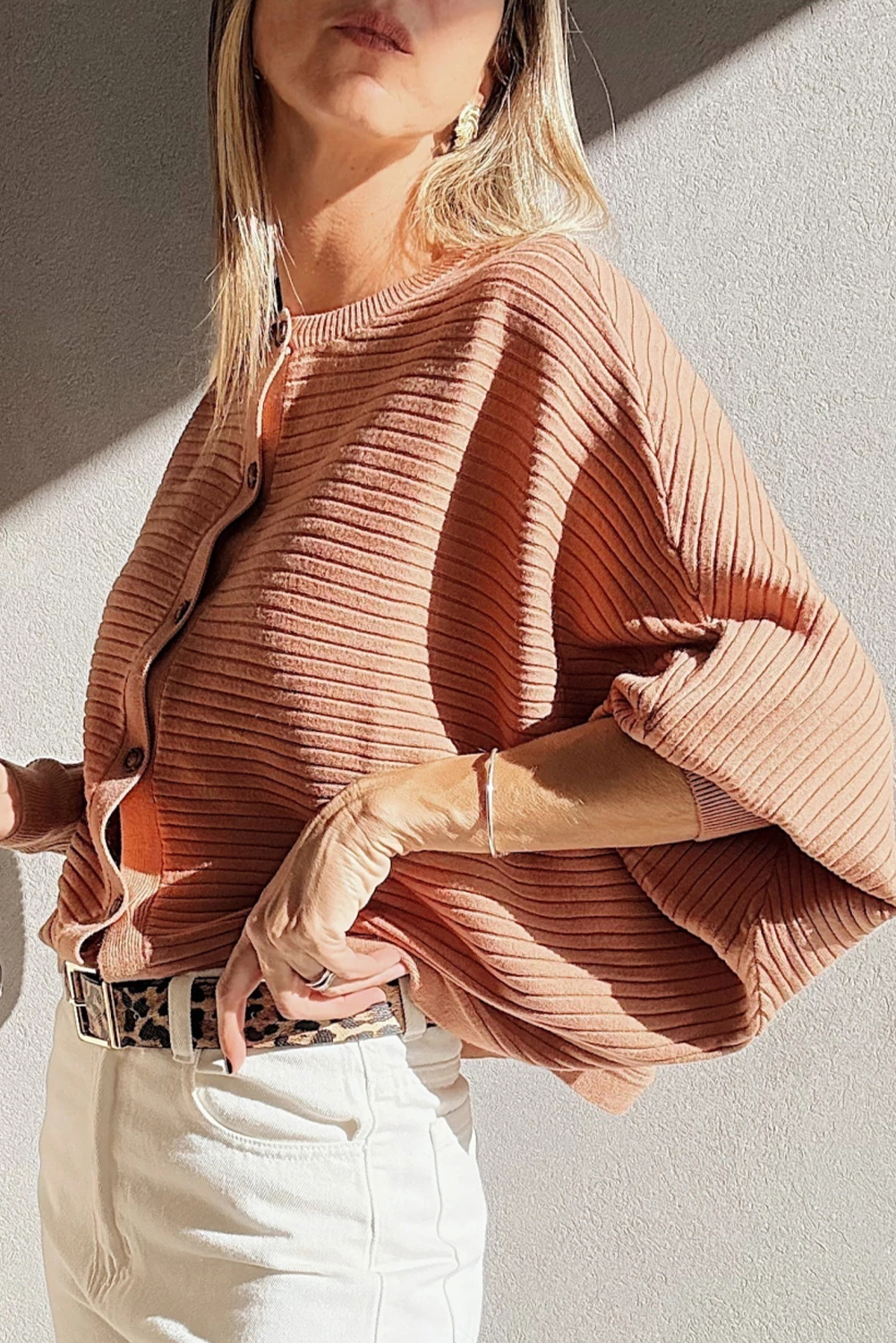 Apricot Pink Wide Rib Knit Button Front Dolman Sleeve Sweater Cardigan