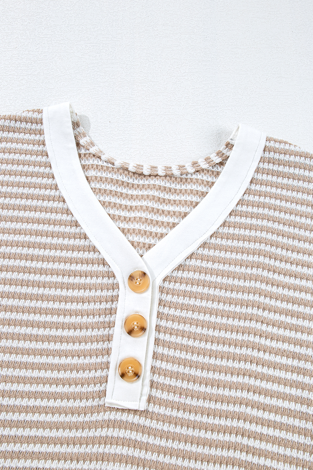Khaki Stripe Buttoned Front V Neck Knitted T Shirt