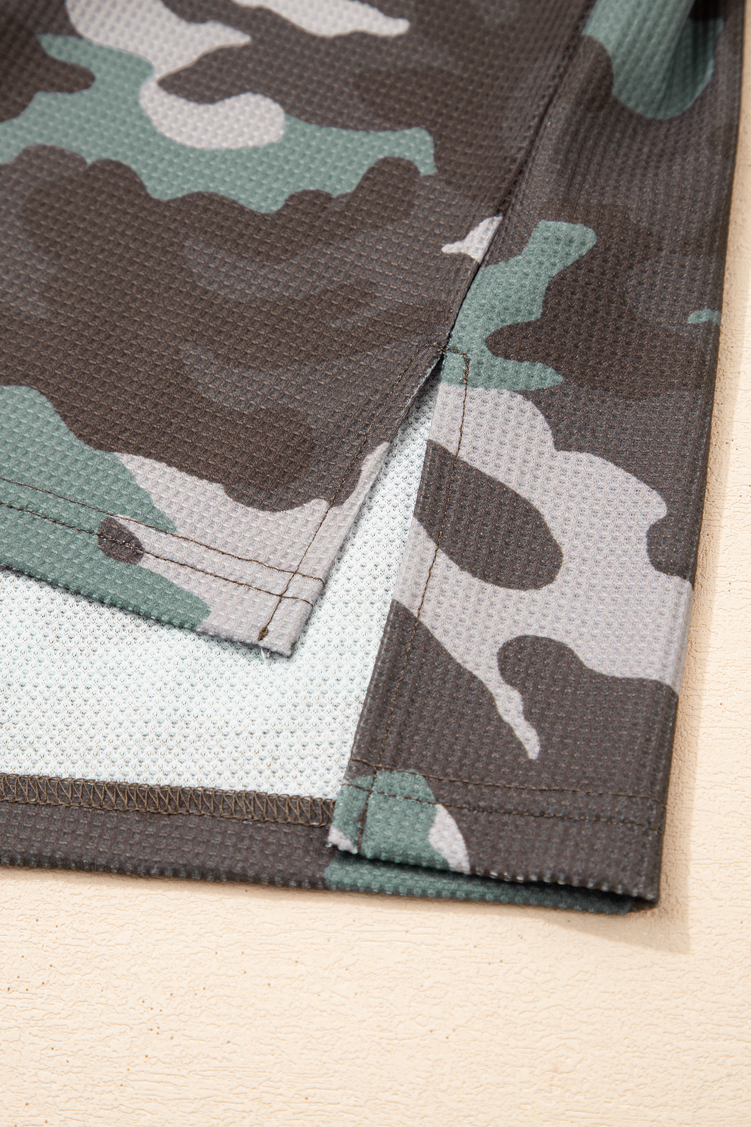 Green Camouflage Print Textured Drop Shoulder Long Sleeve Top