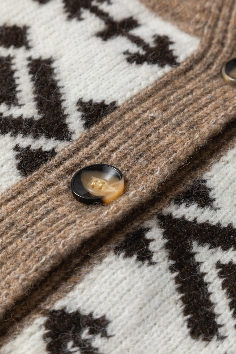 Dark Khaki Ethnic Geometric Pattern Button Front V Neck Sweater Cardigan