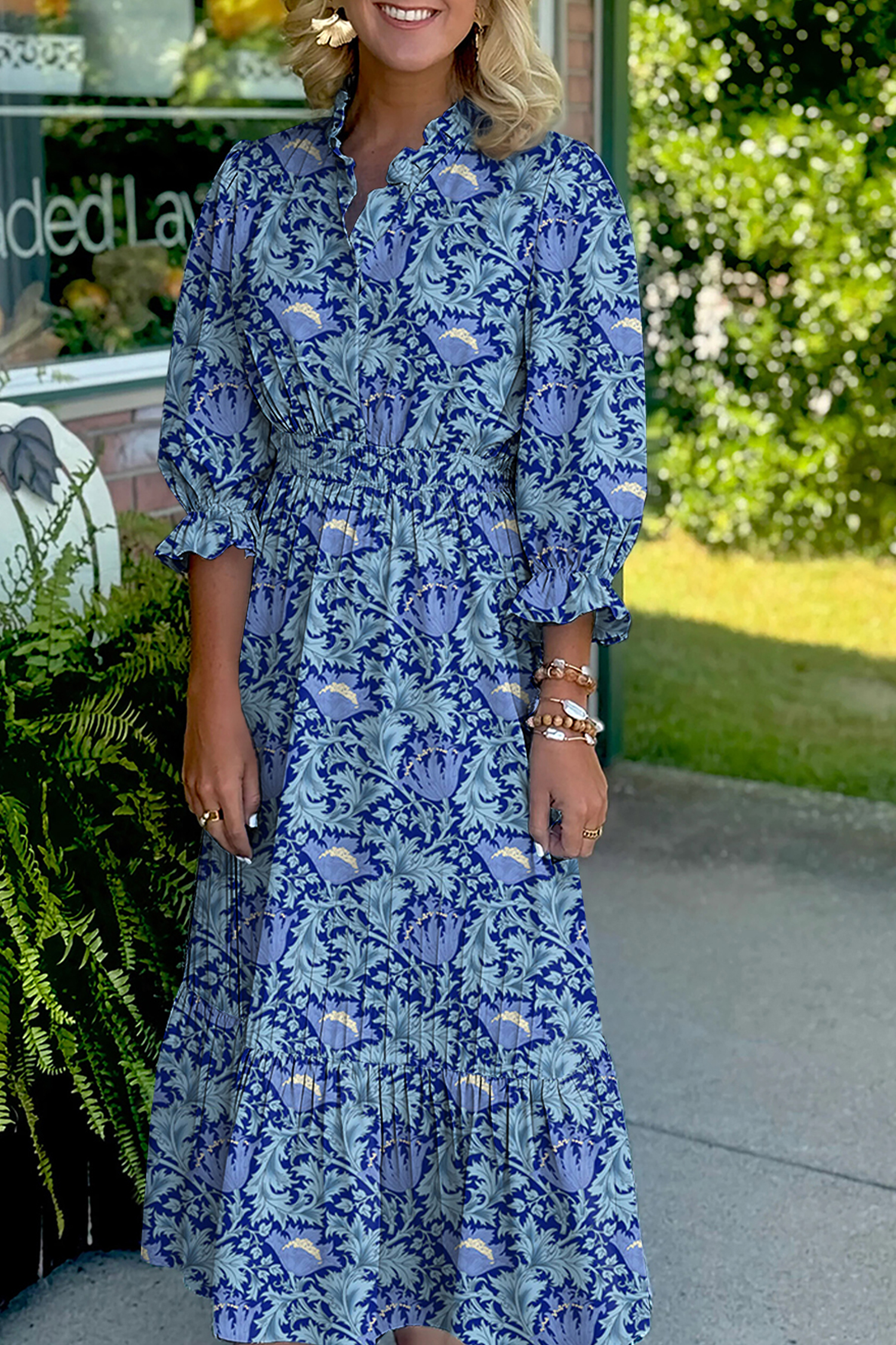 Sky Blue Floral Printed Frilled V Neck Bracelet Sleeve Long Dress