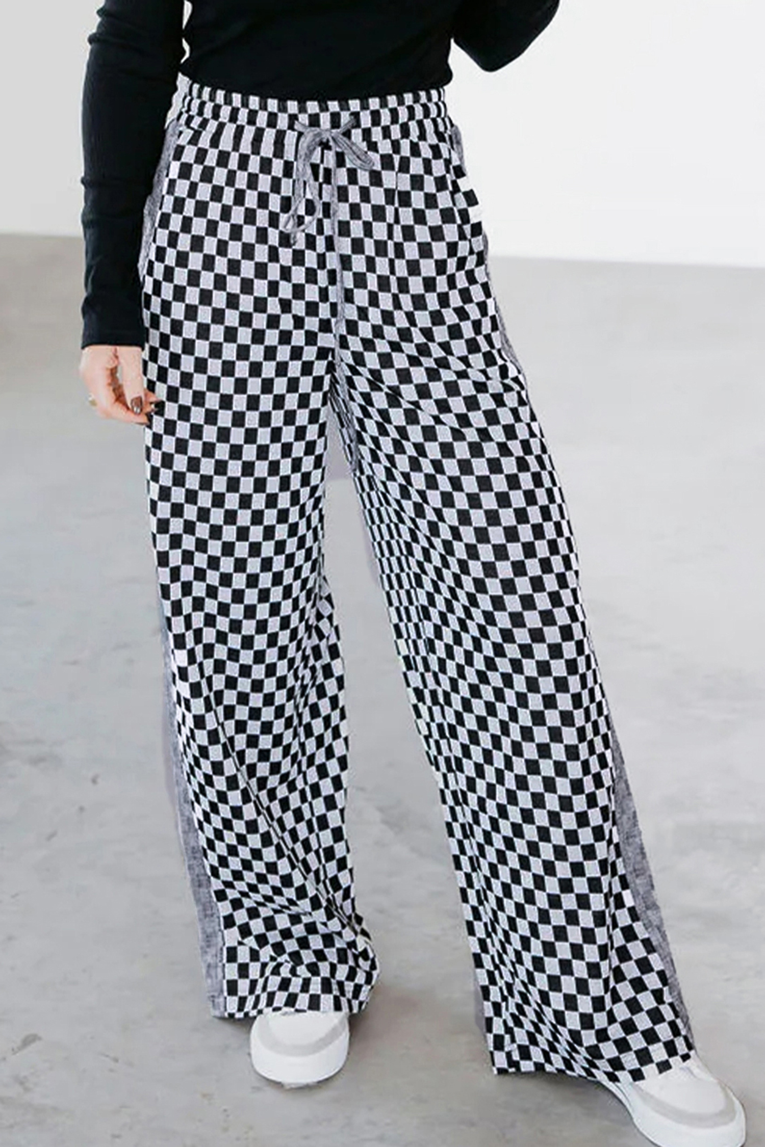 White Checkerboard Drawstring Waist Casual Pants