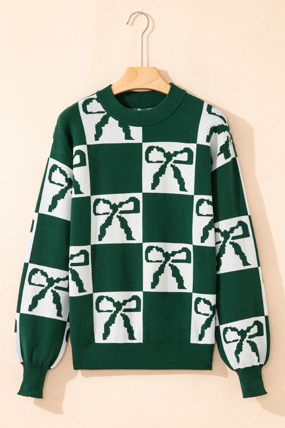 Blackish Green Checkered Bow Print Casual Sweater