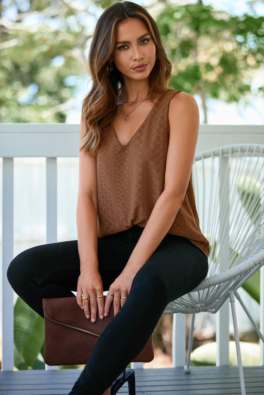 Coffee Eyelet Knit Patterned Loose V Neck Tank Top