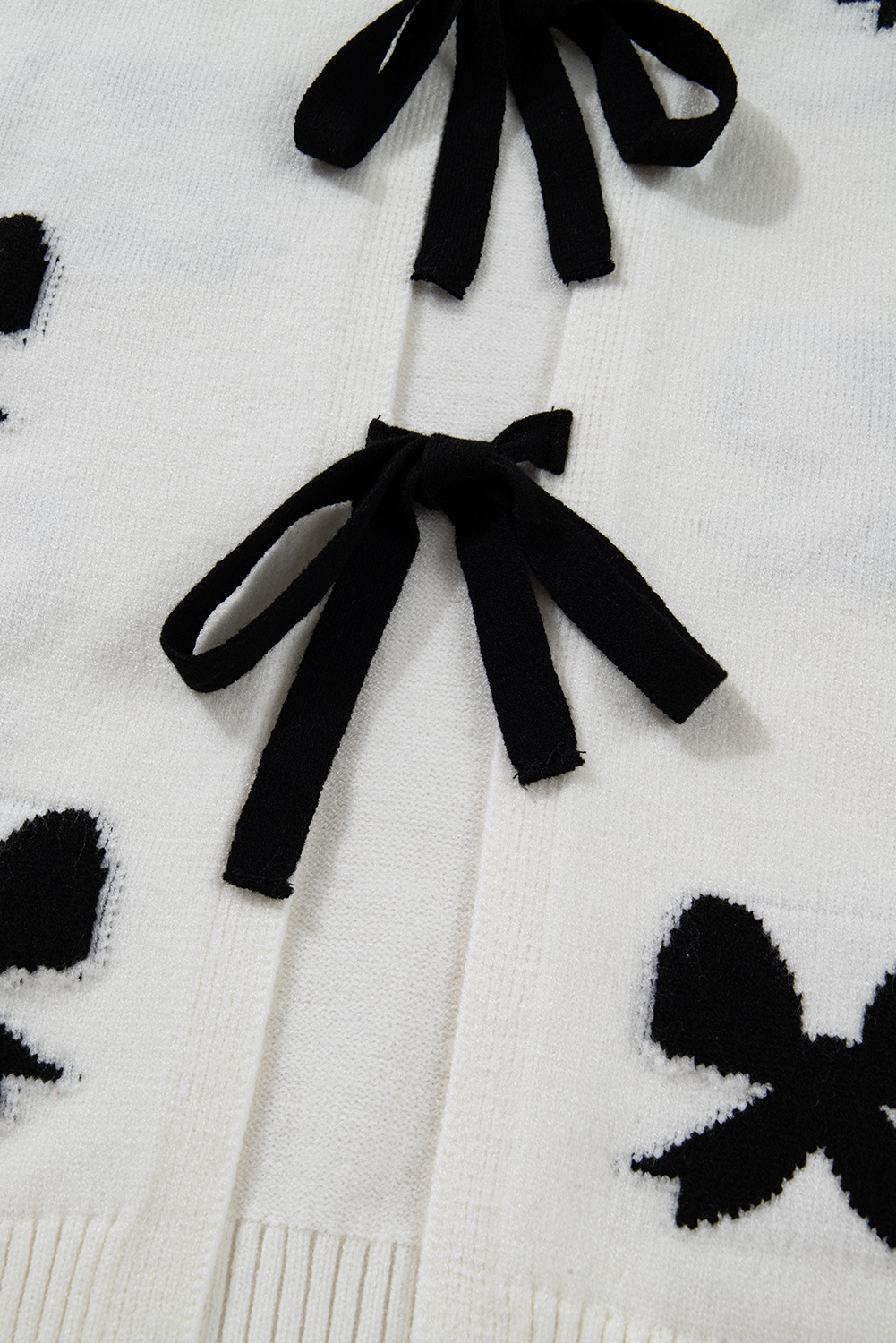 White Lace-up Bow Pattern Sweater Cardigan