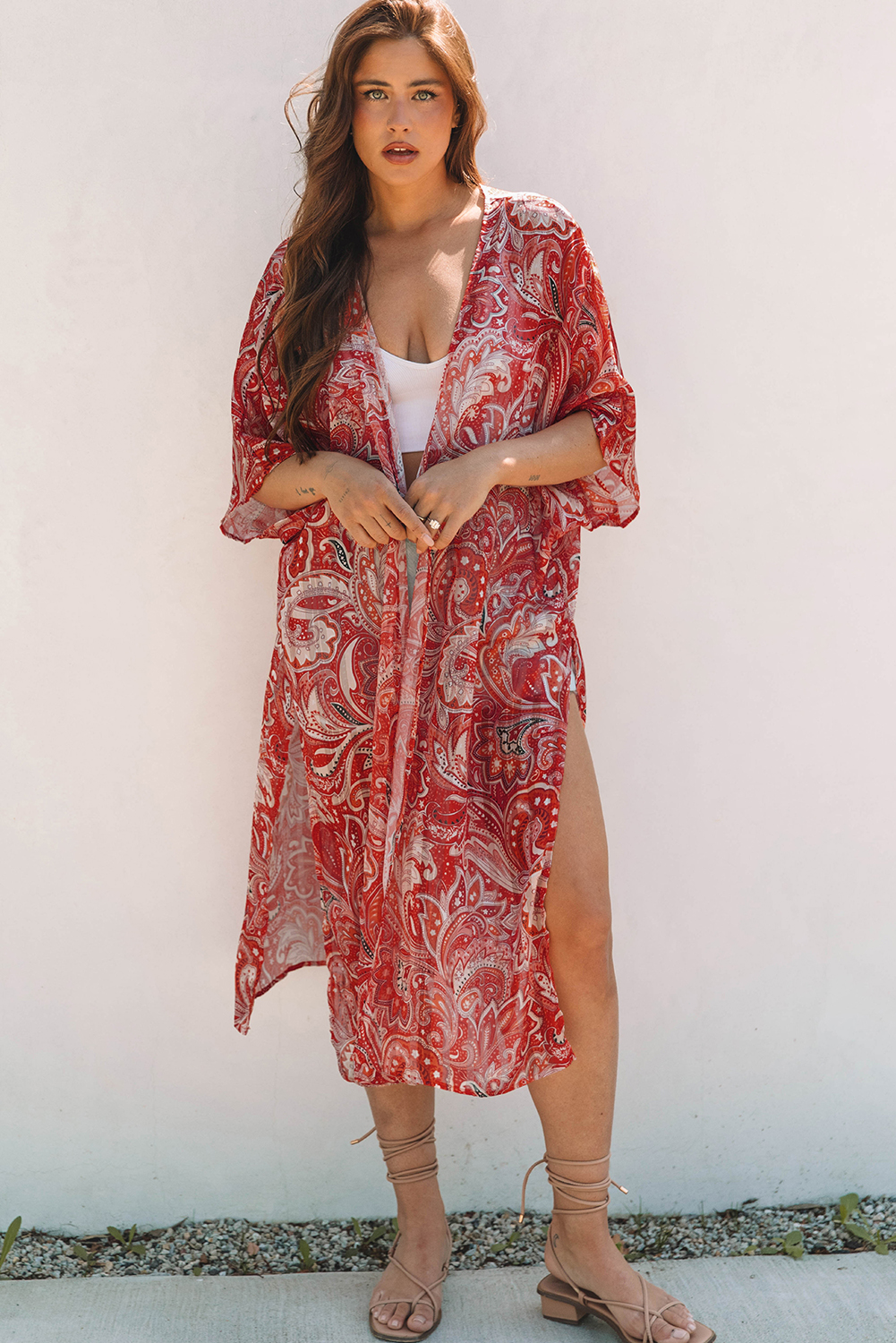 Red Floral Print Side Slit Open Front Long Kimono