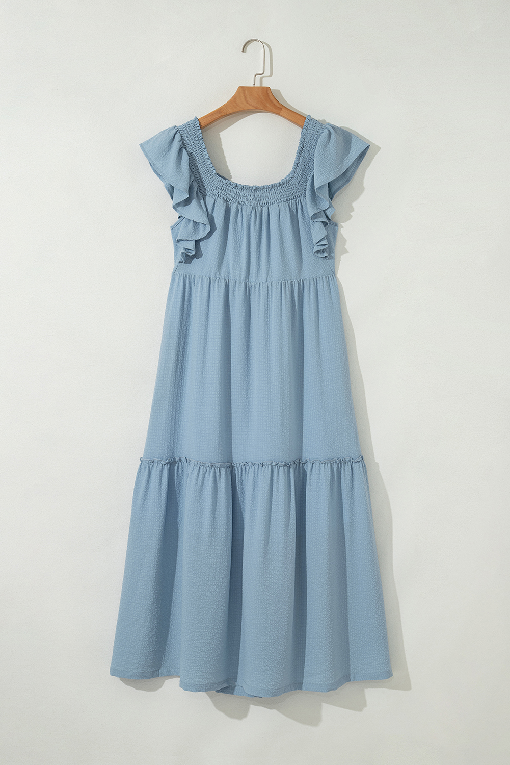Sky Blue Ruffled Flutter Sleeve Square Neck Textured Tiered Maxi Dress