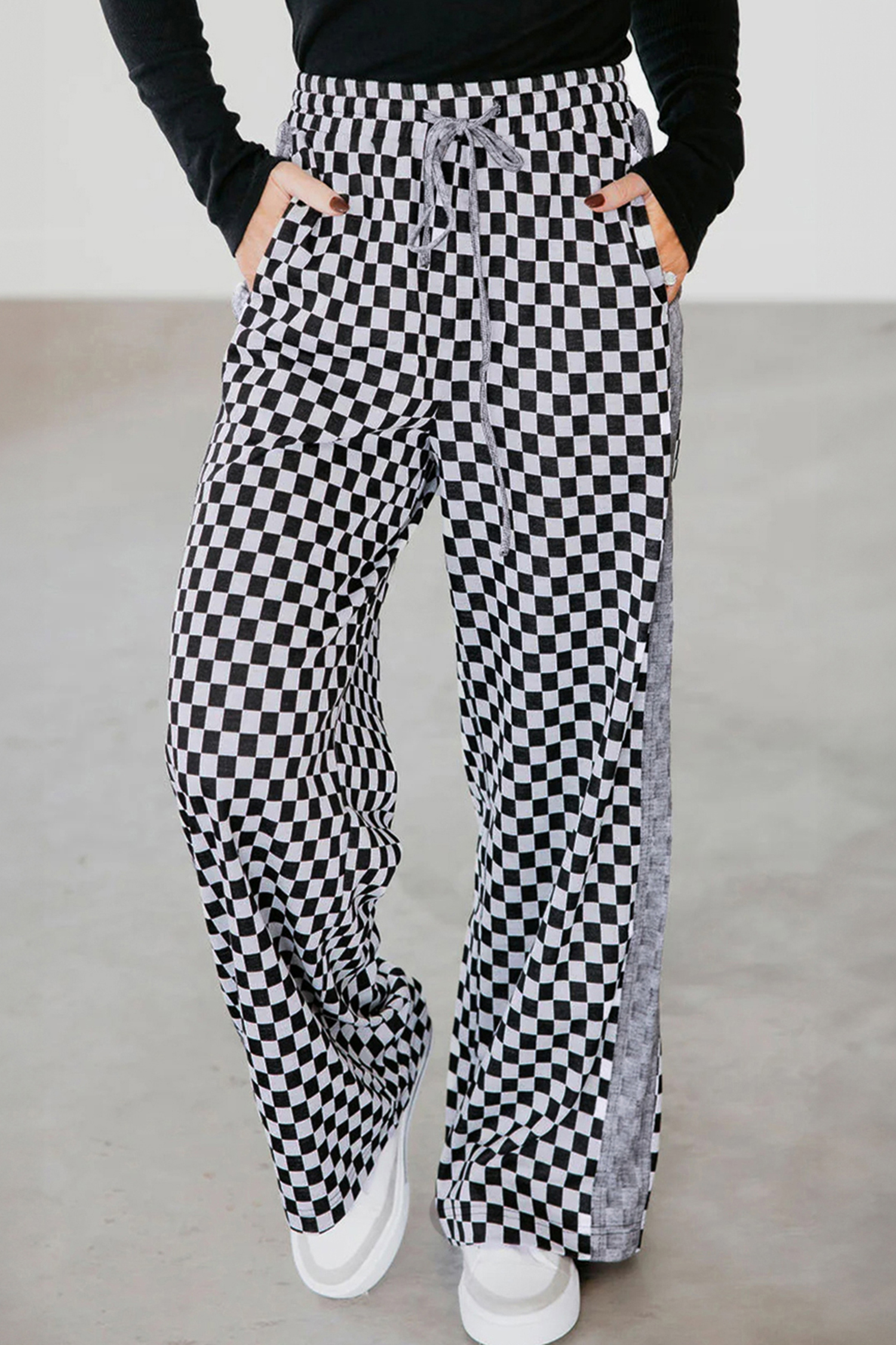 White Checkerboard Drawstring Waist Casual Pants