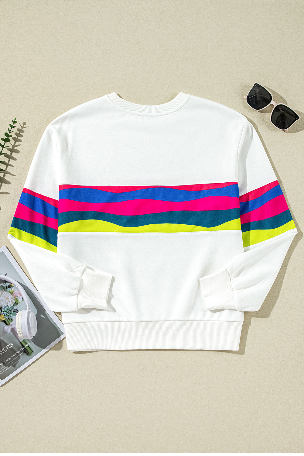 White Plus Size Colorful Striped Drop Shoulder Loose Sweatshirt