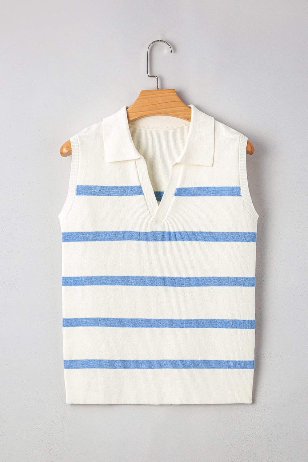 Sky Blue Stripe Split V Neck Collared Ribbed Sweater Vest