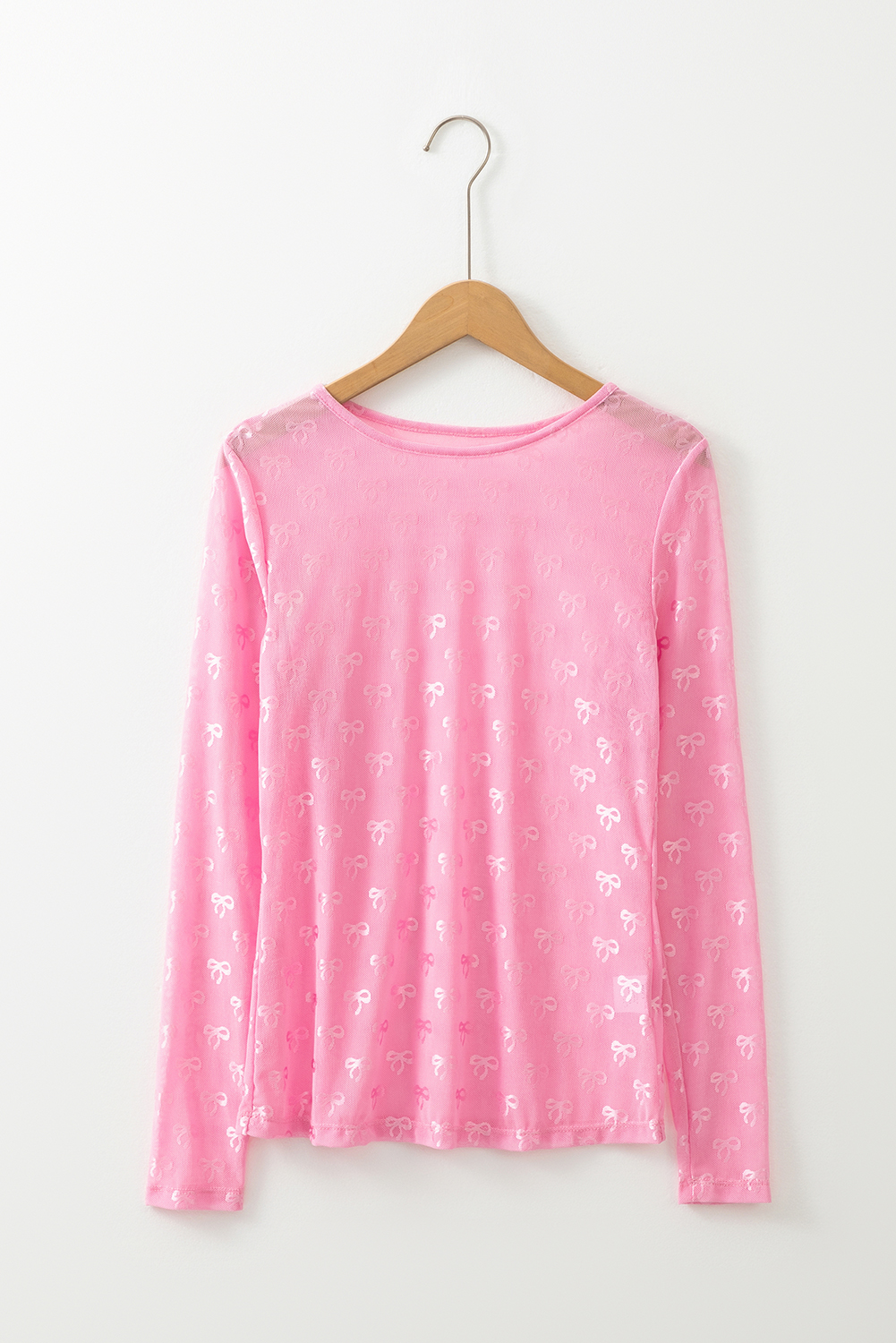 Pink Round Neck Bow Print Long Sleeve Mesh Top