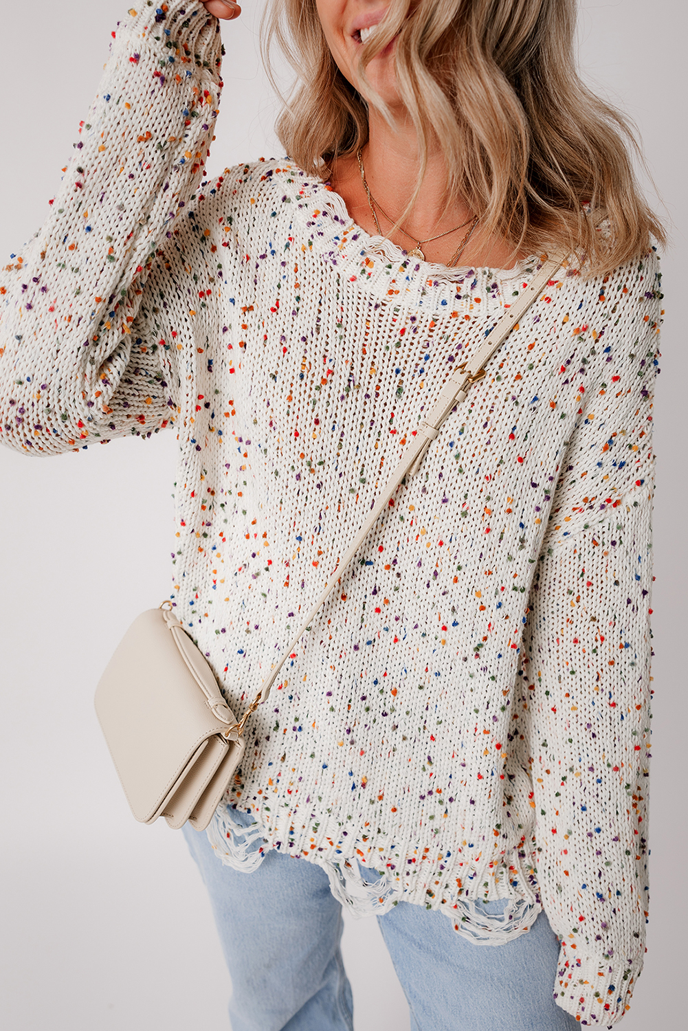 White Confetti Rib Knit Long Sleeve Cardigan