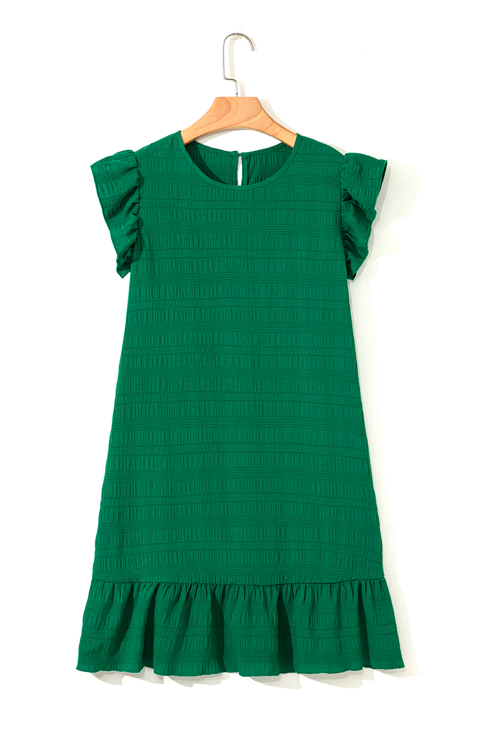 Dark Green Textured Ruffled Sleeve Round Neck Top