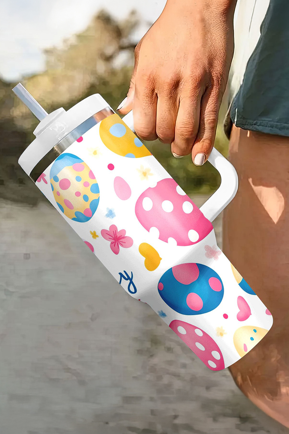 White Happy Easter Bunny Eggs Printed Thermal Tumbler