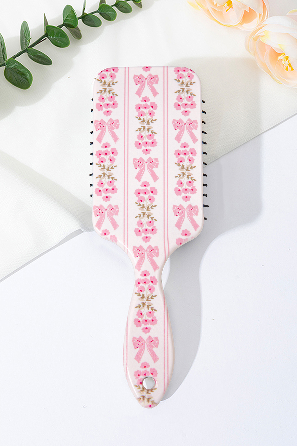 Pink Floral Bow Print Long Handle Air Cushion Comb