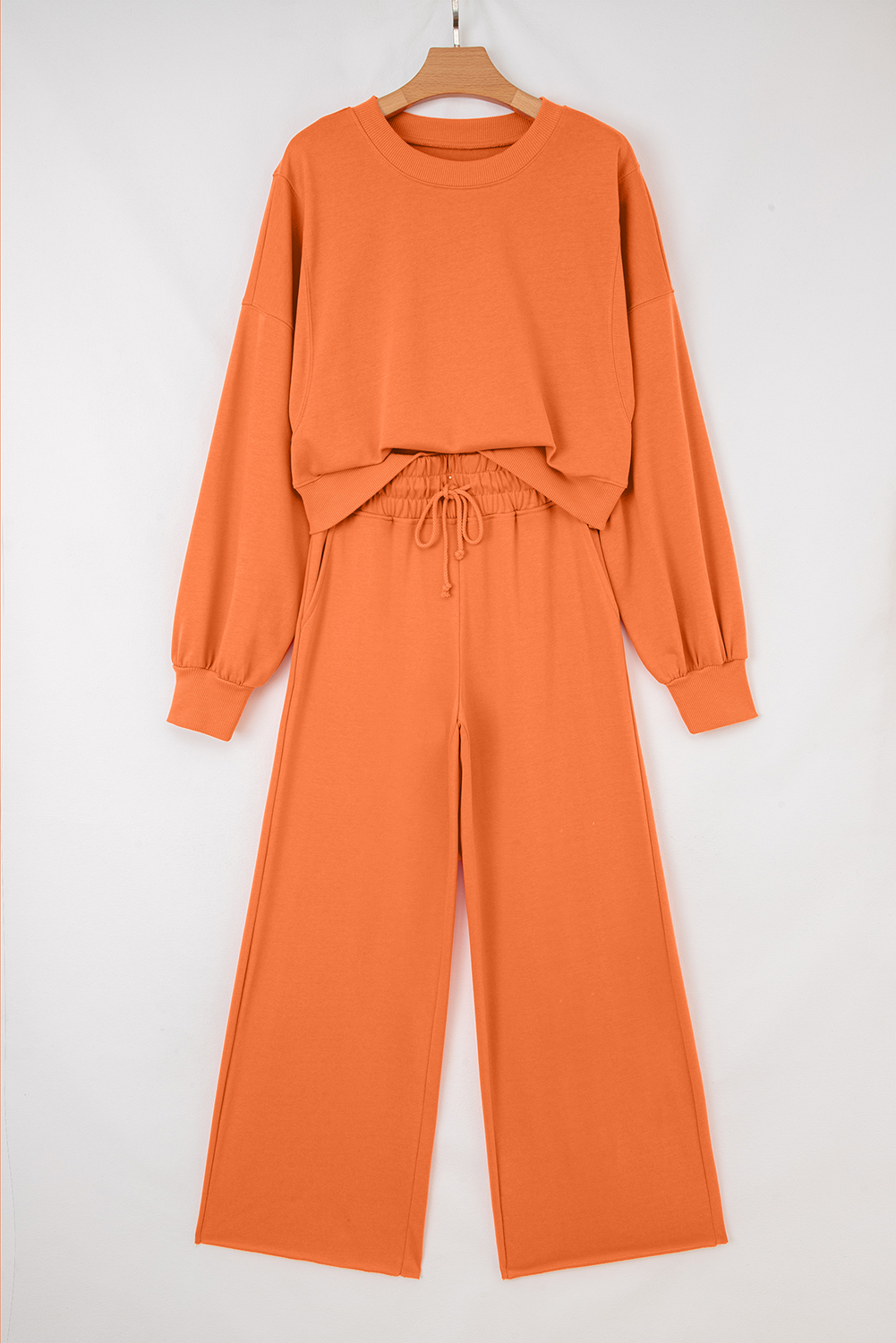 Bright Green Drop Shoulder Puff Sleeve Crop Pullover Drawstring Wide Leg Pants Set