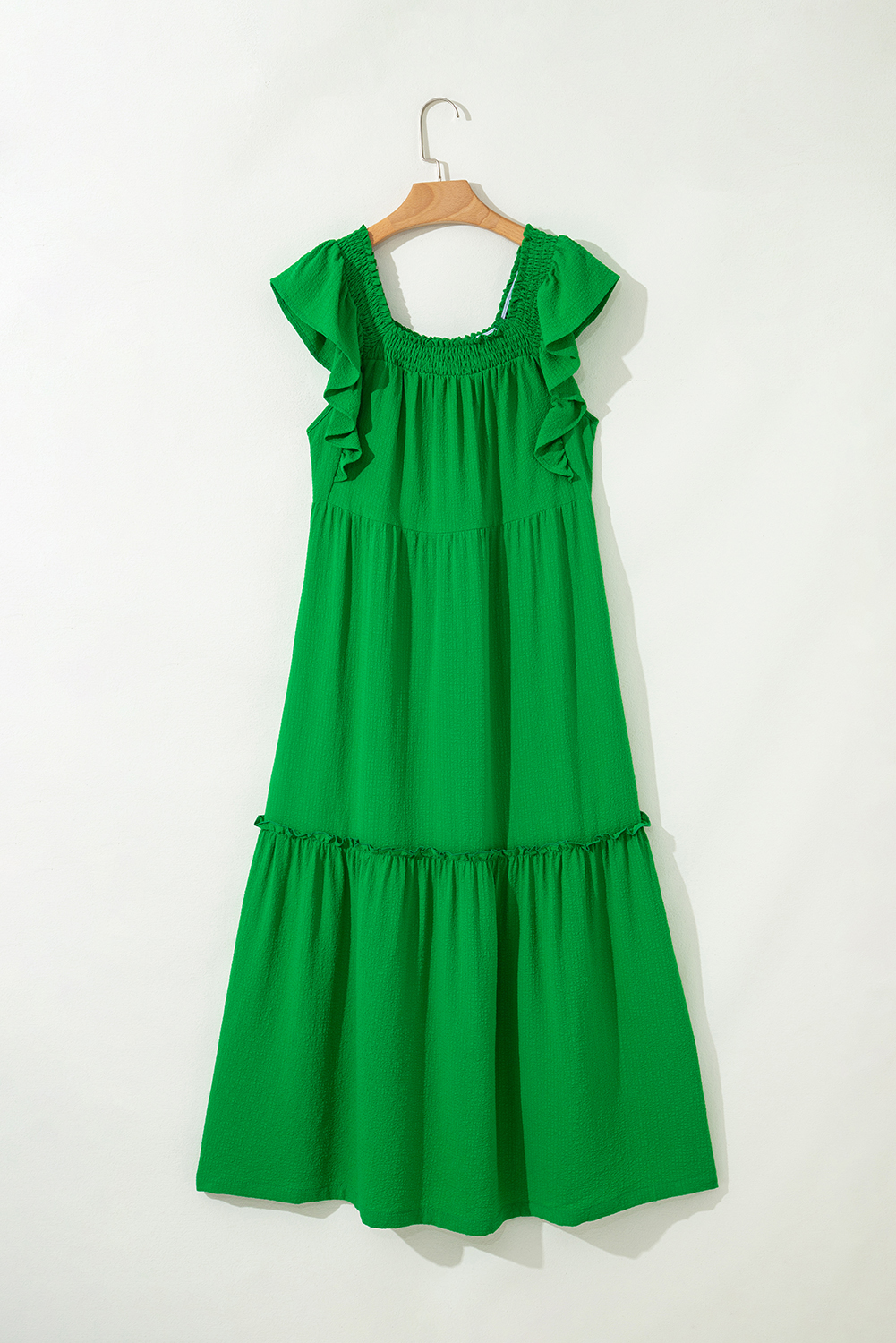 Sky Blue Ruffled Flutter Sleeve Square Neck Textured Tiered Maxi Dress