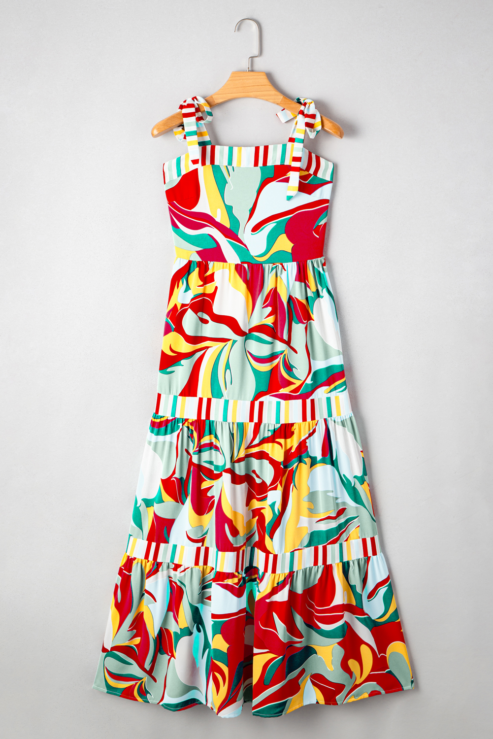 Sky Blue Abstract Print Striped Detail Knot Strap Maxi Dress