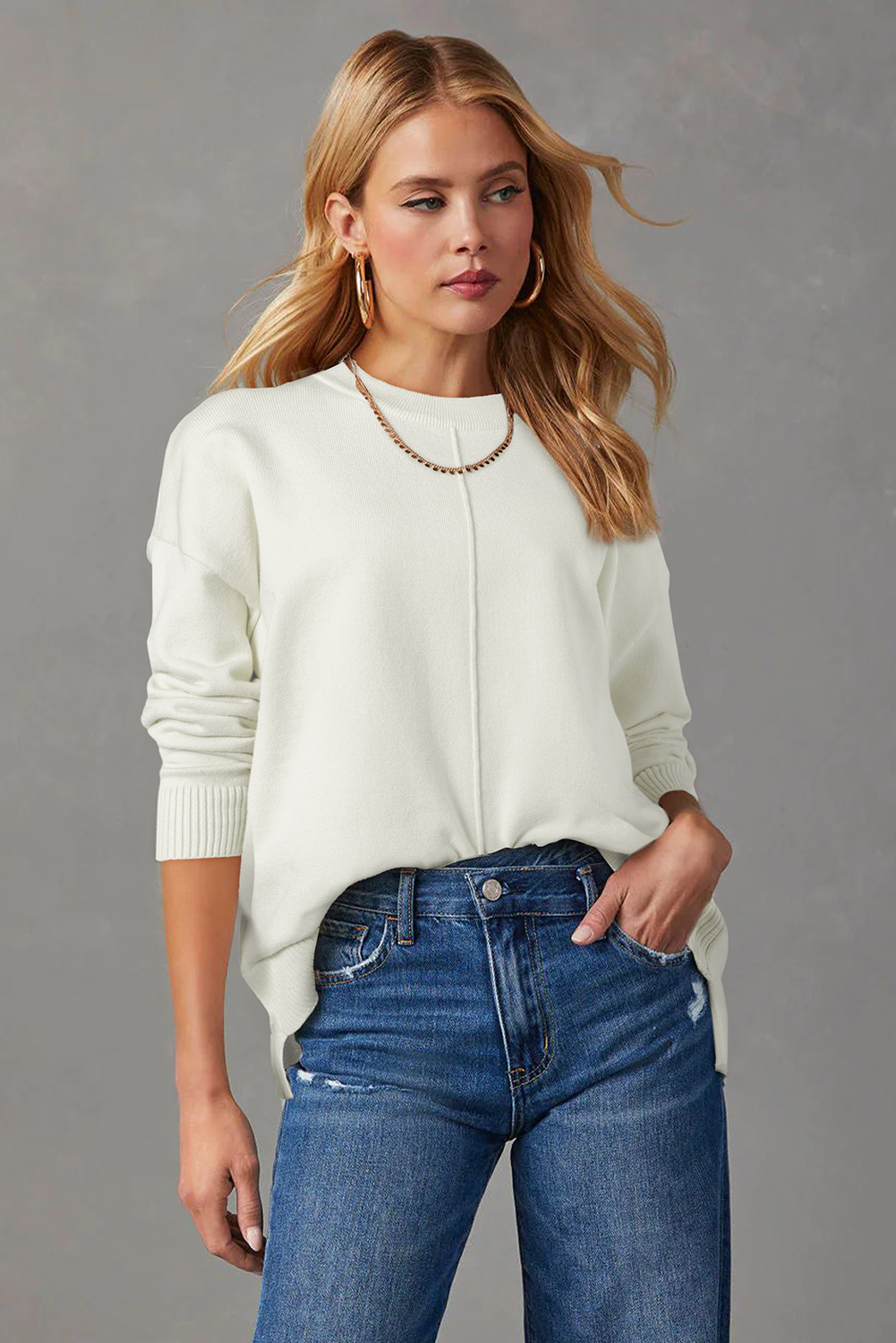 White Front Center Seam Drop Shoulder Pullover Solid Sweater