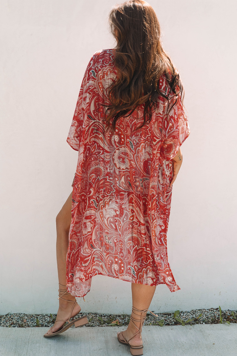 Red Floral Print Side Slit Open Front Long Kimono