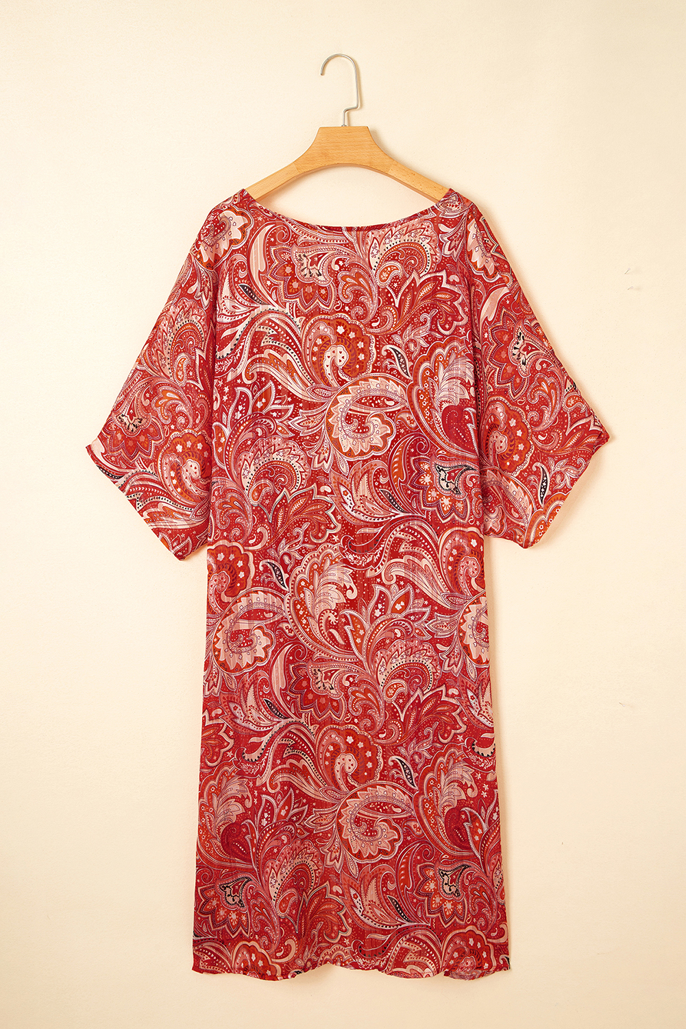 Red Floral Print Side Slit Open Front Long Kimono