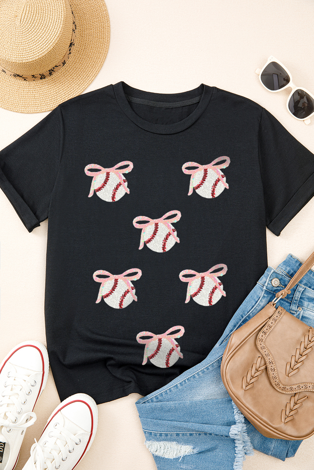 Black Shimmering Sequin Bow Ball Patterned Game Day Casual Tee