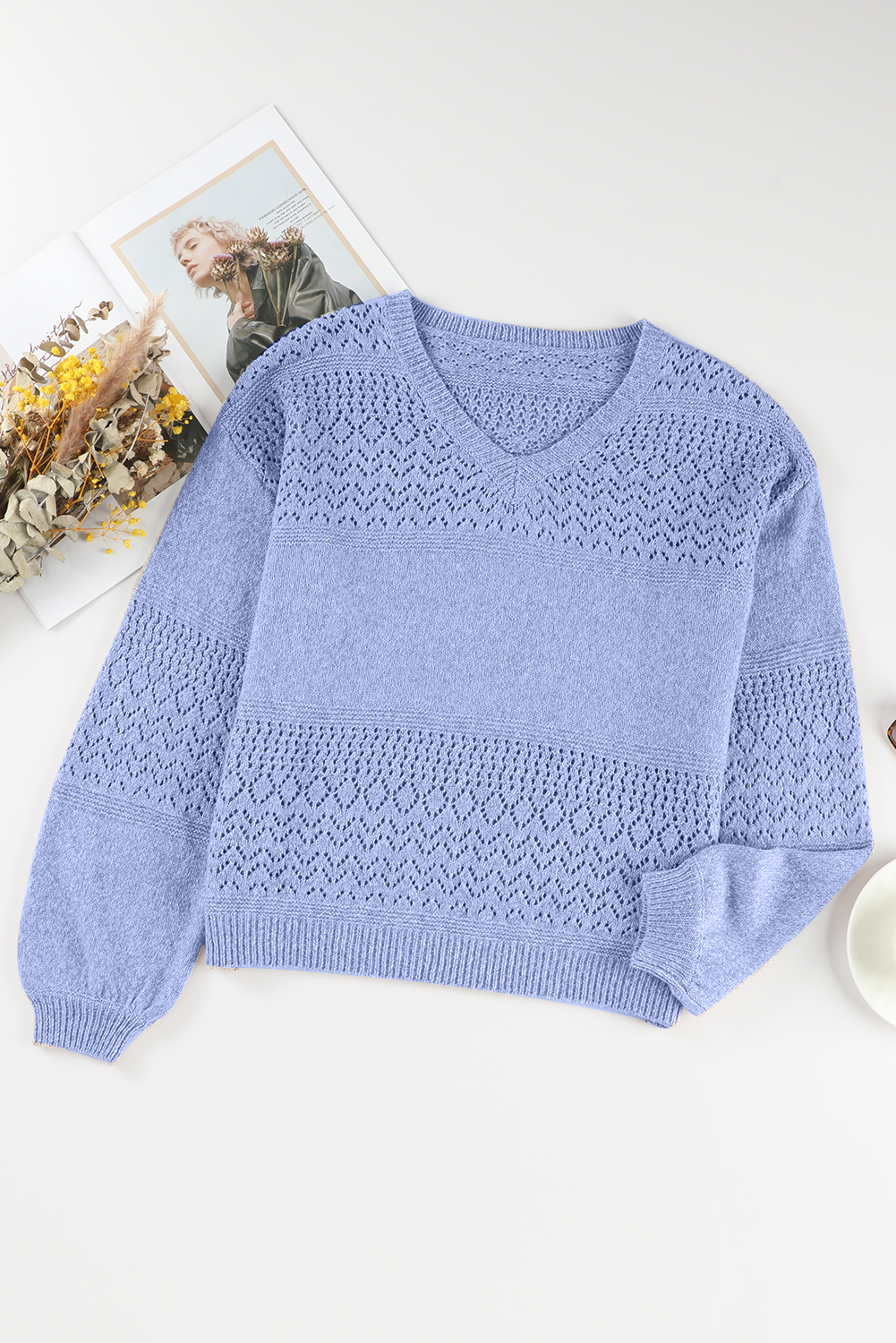 Sky Blue Eyelet Pattern Detail V Neck Drop Shoulder Sweater