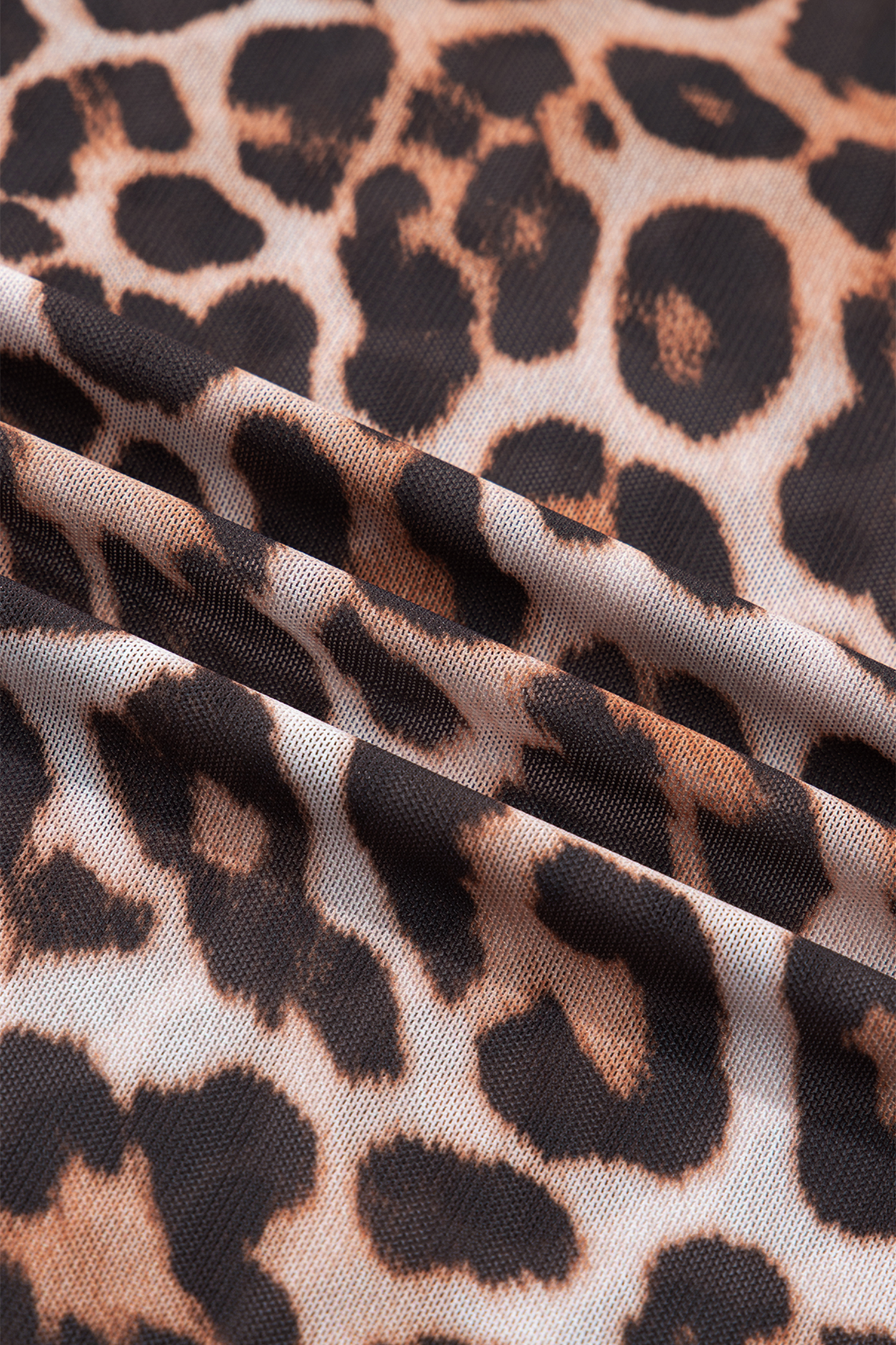 Brown Leopard Mock Neck Long Sleeve Mesh Top