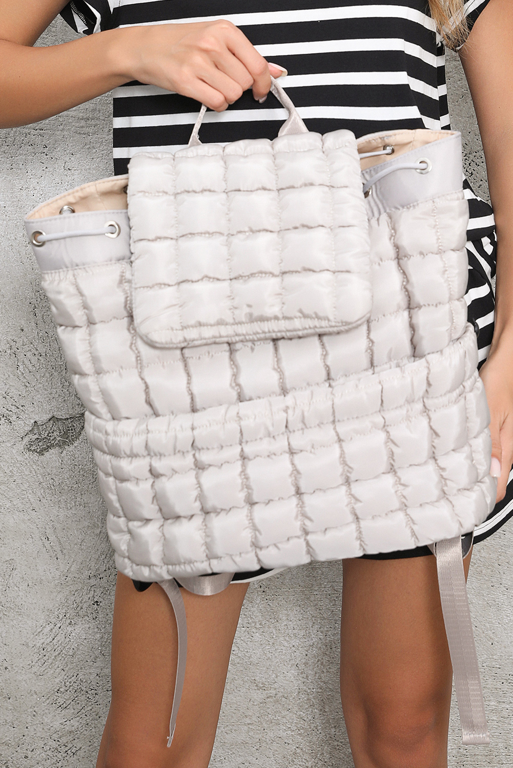 Black Solid Flapped Quilted Puffer Backpack