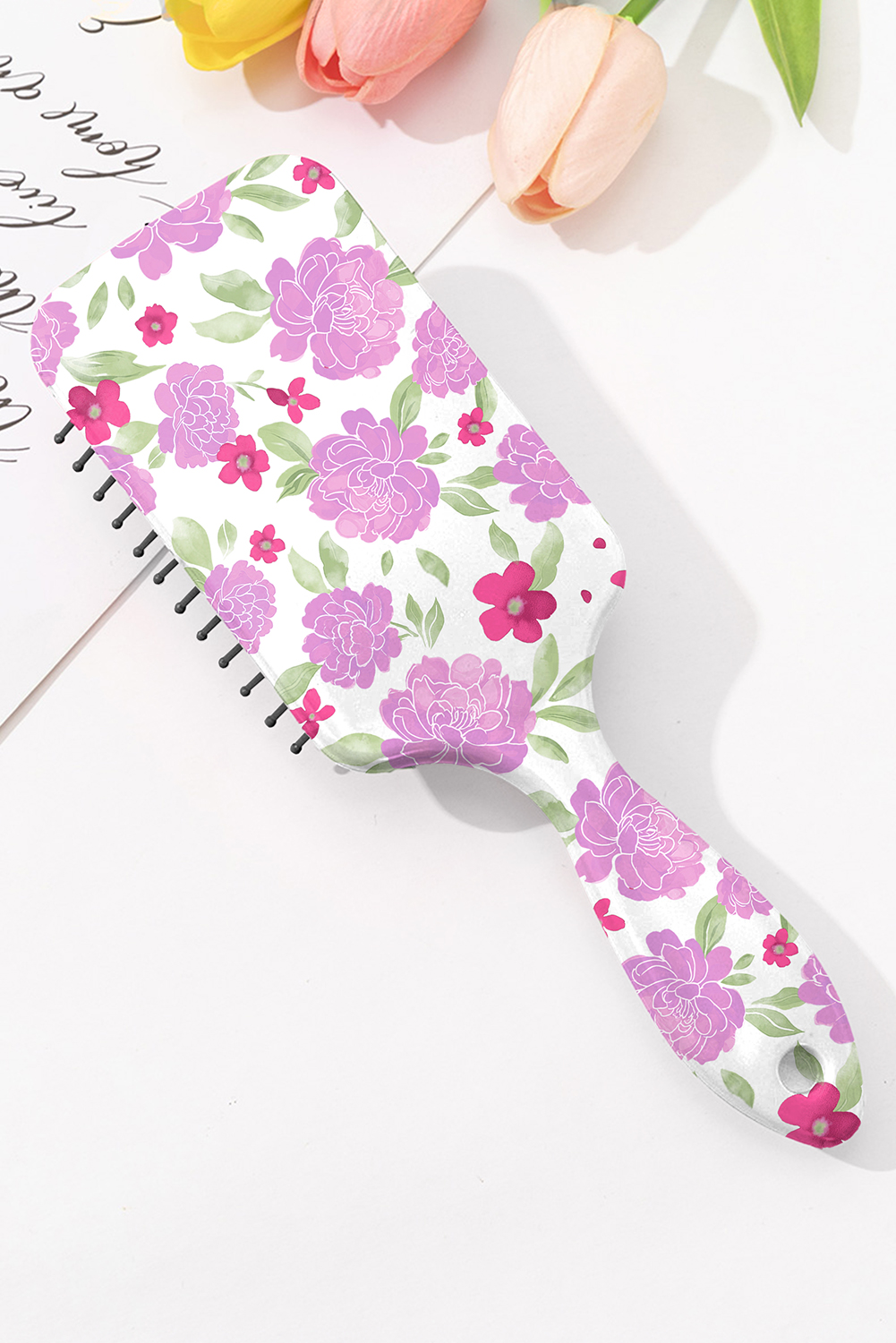 White Peony Flower Print Large Paddle Air Cushion Comb