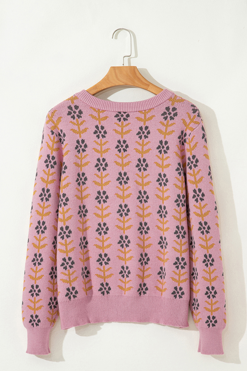 Pink Floral Button Down Ribbed Banded Cardigan Sweater