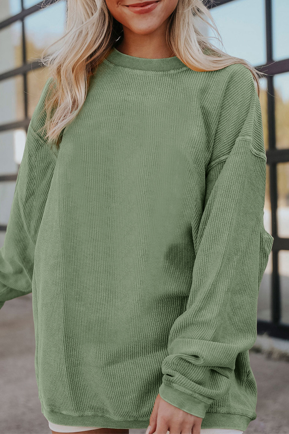 Grass Green Ribbed Corded Oversized Sweatshirt