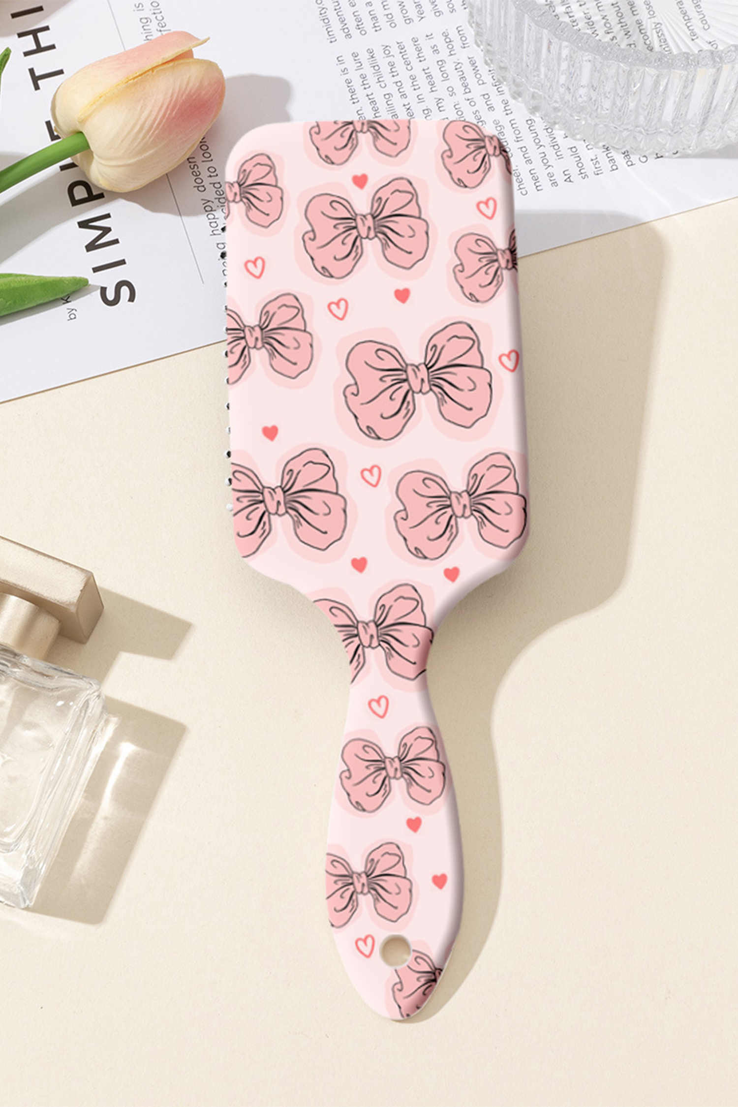 Pink Cute Bow Tiny Heart Printed Air Cushion Comb