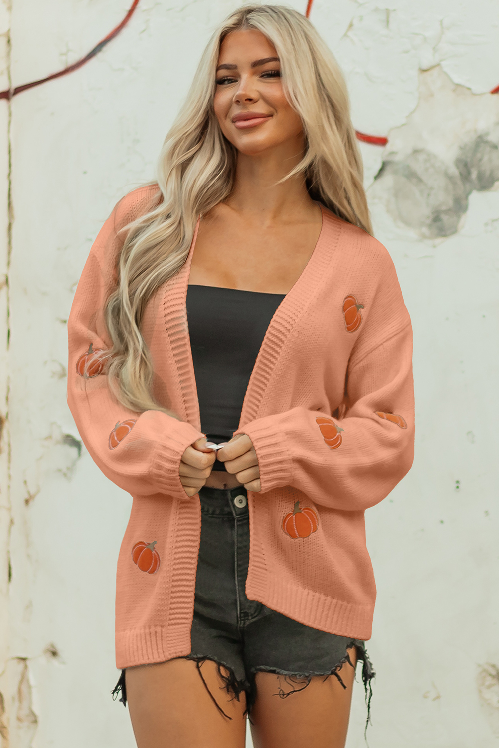 Light Pink Christmas Tree Print Open Front Drop Shoulder Midi Cardigan