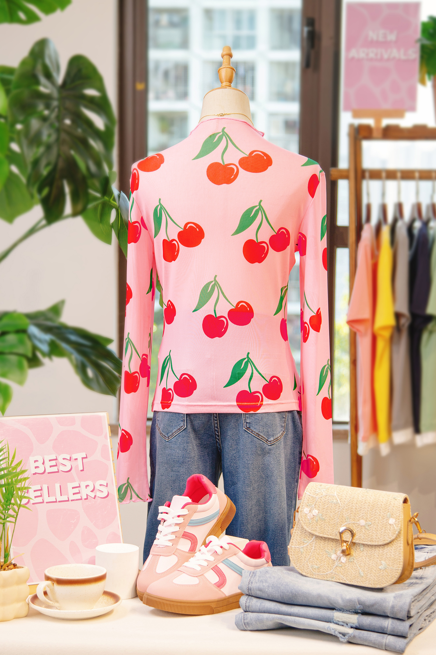 Pink Cherry Print Lettuce Trim Long Sleeve Mesh Top