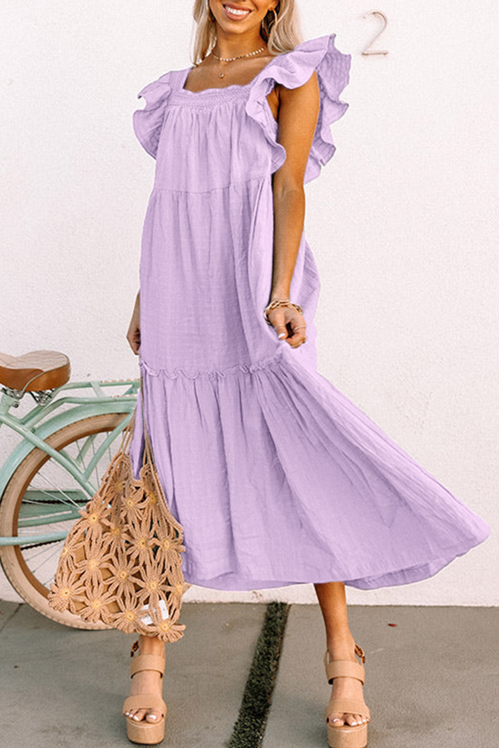 Sky Blue Ruffled Flutter Sleeve Square Neck Textured Tiered Maxi Dress