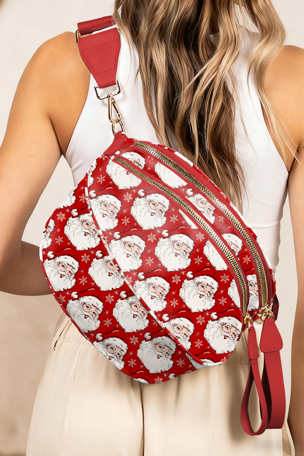 Fiery Red Christmas Theme Double Zip PU Leather Crossbody Bag