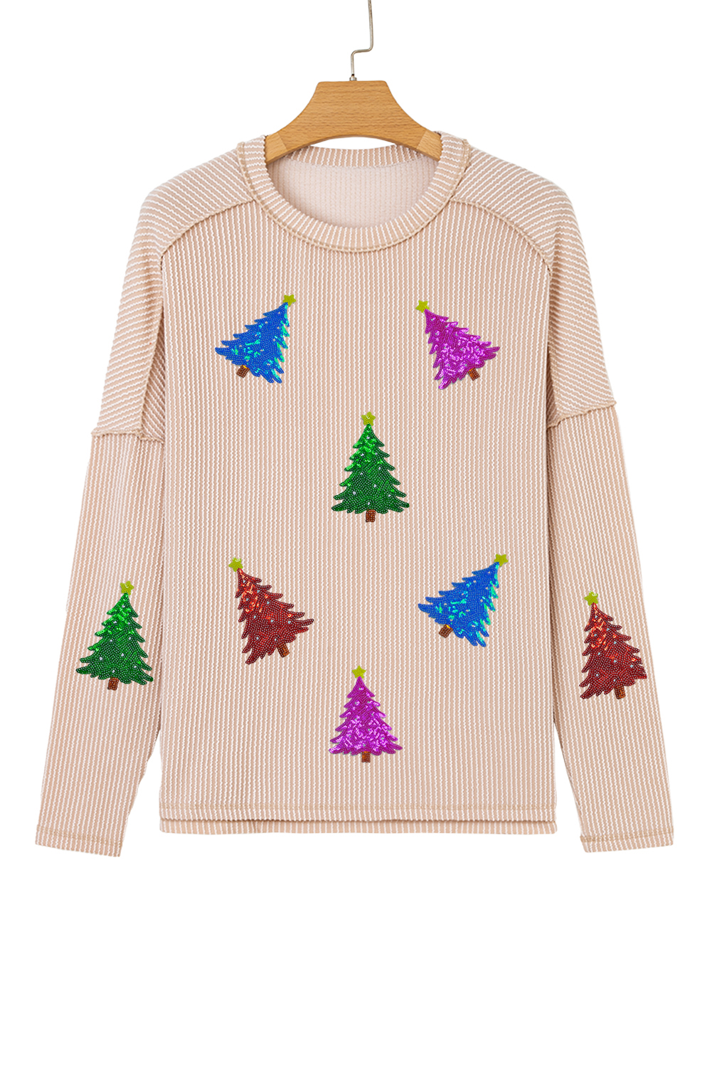 Parchment Sequin Christmas Tree Exposed Seam Drop Shoulder Ribbed Long Sleeve Top