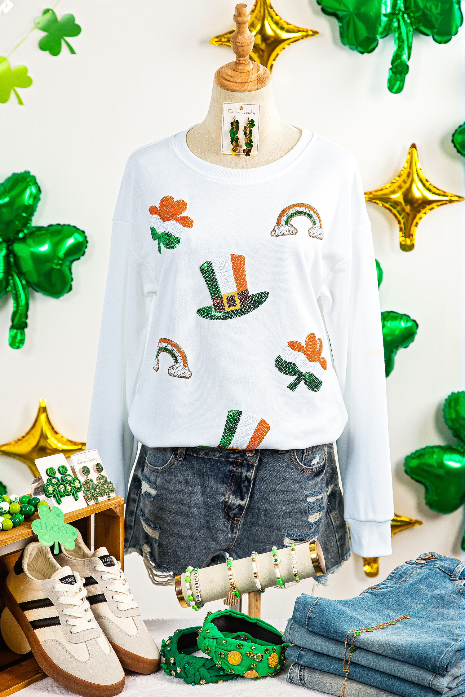 White LUCKY Clover Embroidered Long Sleeve Top