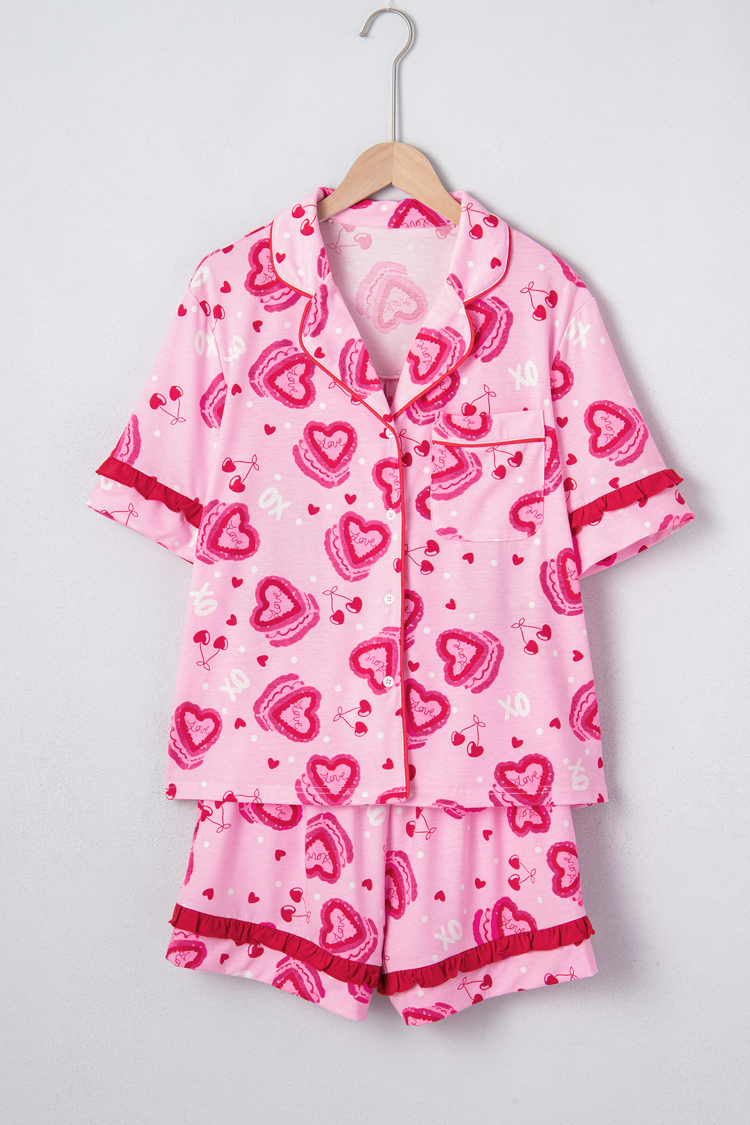 Pink Sweet Heart Cake Print Contrast Ruffle Trim Valentines 2pcs Pajama Set