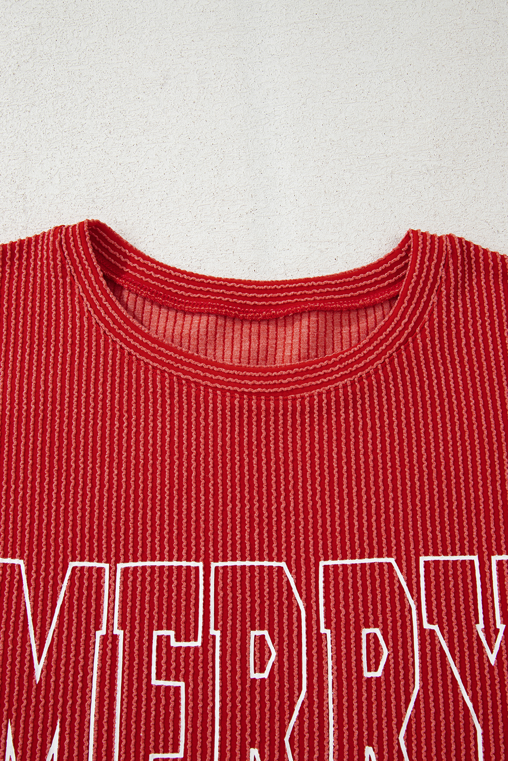 Evergreen Twisted Rib Outlined Merry Letter Graphic Loose Long Sleeve Top