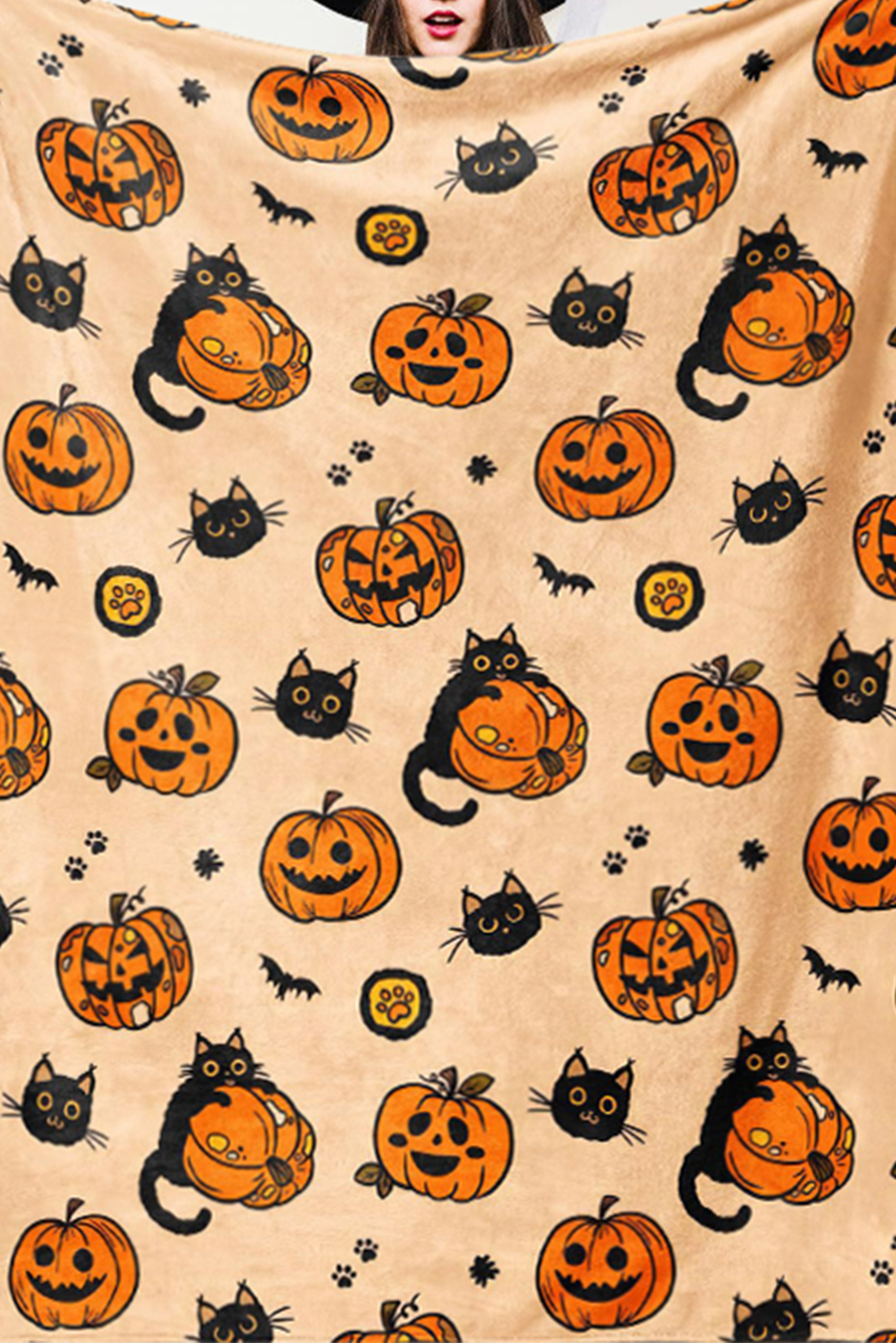 Russet Orange Halloween Pumpkin Cat Printed Fleece Blanket