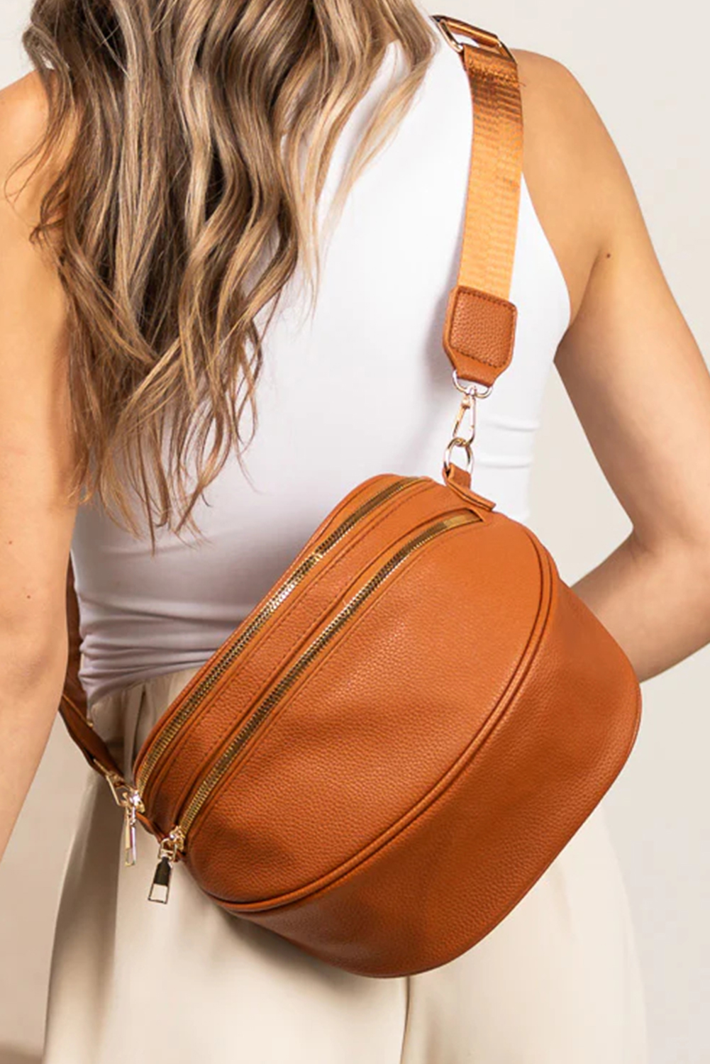Cinnamon Double Zip Faux Leather Crossbody Bag