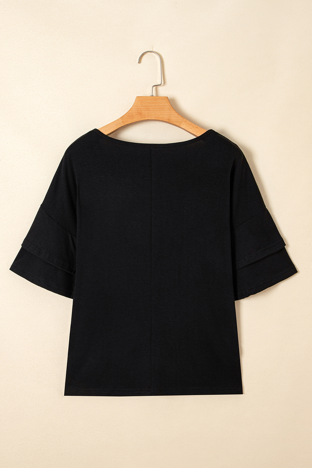 Sail Blue Solid Colour V-Neck Double Layer Sleeve Loose T-Shirt
