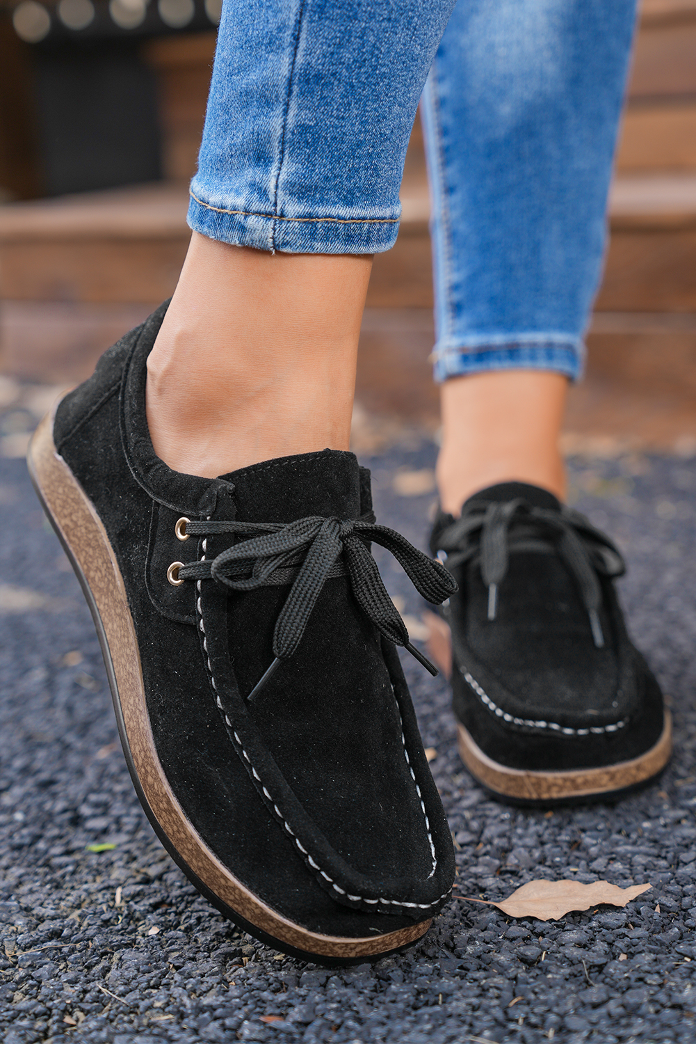 Color black Thick Sole Lace-up Casual Shoes