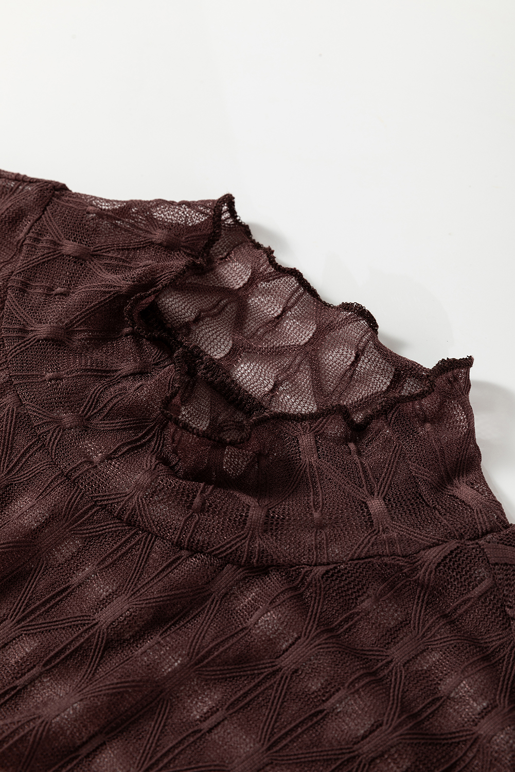 Coffee Sheer Mesh Patterned Lettuce Trim Slim Long Sleeve Top
